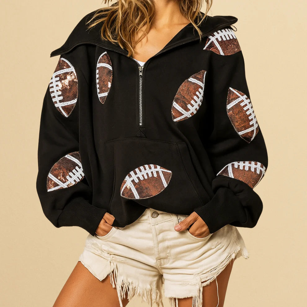 🏈 Game Day Glow – Women's Oversized Half-Zip Hoodie with Sequin Football Print, Kangaroo Pocket & Casual Longsleeve Style 💥