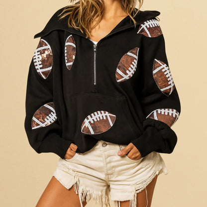 🏈 Game Day Glow – Women's Oversized Half-Zip Hoodie with Sequin Football Print, Kangaroo Pocket & Casual Longsleeve Style 💥