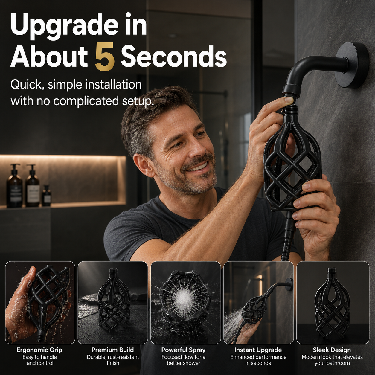Upgraded Wide-Flow Shower Head – Modern 3D-Printed Design, 5-Second Easy Installation