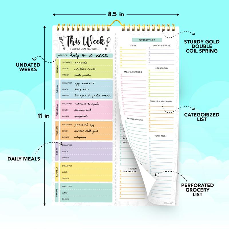 Undated Weekly Meal Planner Pad – 60 Sheets, Strong Magnets & Grocery List | 8.5x11 Fridge Notepad