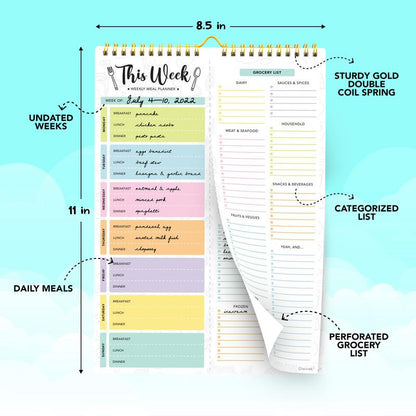 Undated Weekly Meal Planner Pad – 60 Sheets, Strong Magnets & Grocery List | 8.5x11 Fridge Notepad