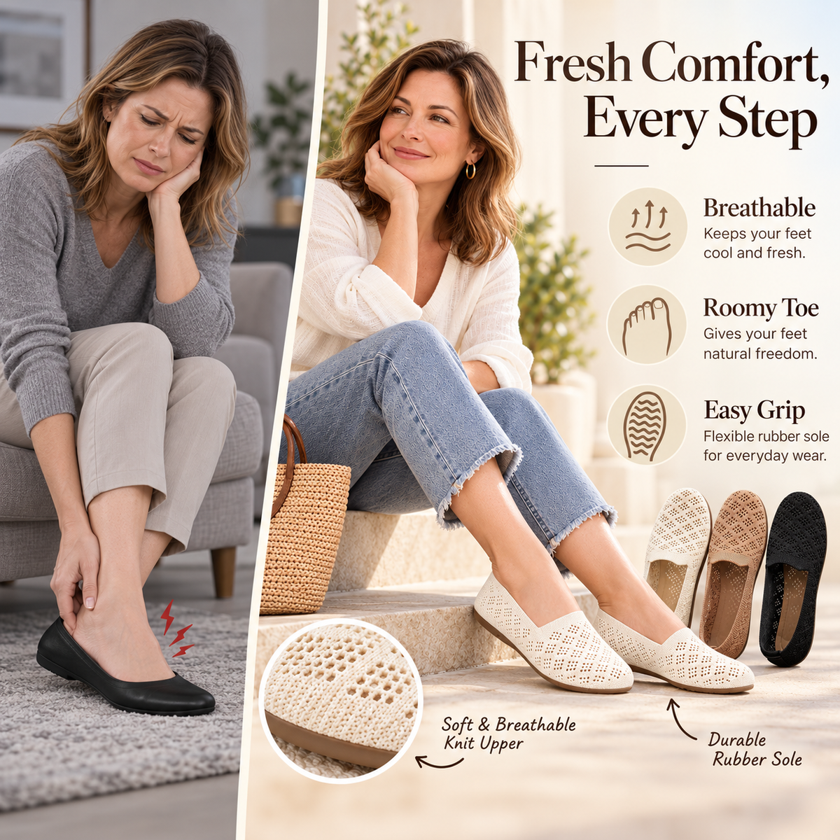 Women's Hollow-Out Knit Sneakers – Round Toe Wide Flat, Breathable Textile Upper, Rubber Sole, All-Season Casual Shoes