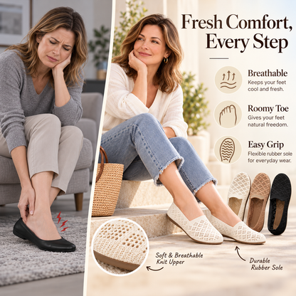 Women's Hollow-Out Knit Sneakers – Round Toe Wide Flat, Breathable Textile Upper, Rubber Sole, All-Season Casual Shoes