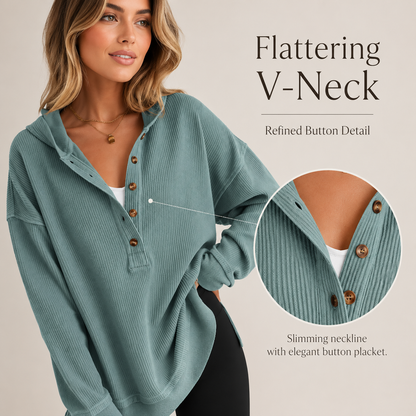 Women’s Relaxed V-Neck Button Hoodie – Soft Stretchy Fall Pullover