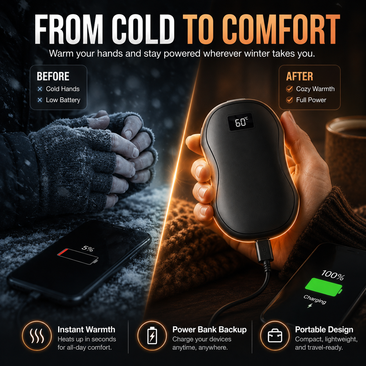 2-Pack Magnetic Hand Warmers – Rechargeable, LED Display, Power Bank for Winter Outdoor Use