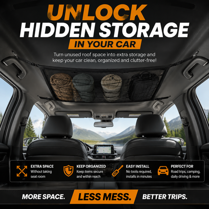 🚗 Hidden Roof Cargo Net – Car Ceiling Storage Organizer, Space-Saving for Travel & Camping