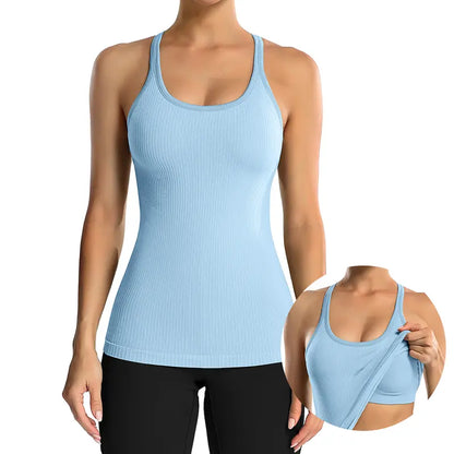 🏋️‍♀️ Women's Ribbed Workout Tank Top with Built-in Bra | Tight Racerback Scoop Neck Athletic Shirt