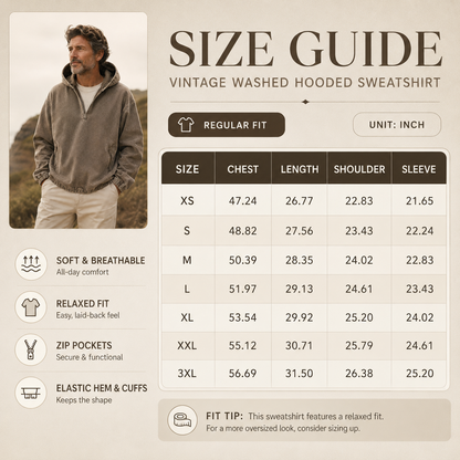 🧥 Men's 80s90s Washed Hooded Sweatshirt – Loose V-Neck Half-Zip Denim Jacket with Zip Pockets & Elastic Cuffs for Fall Winter Spring