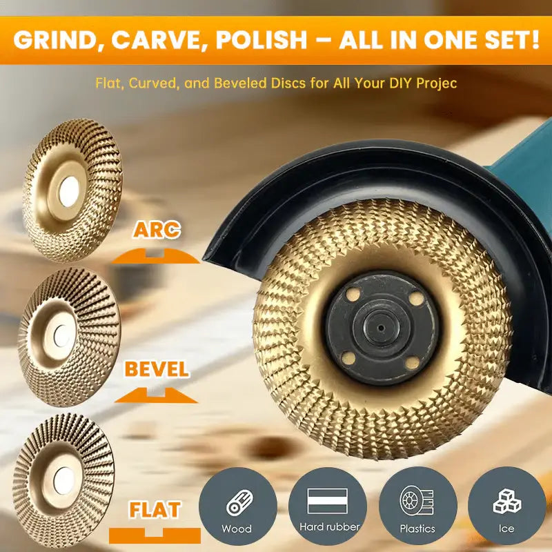 3-Piece Wood Carving Disc Set for Angle Grinder | Flat, Curved & Beveled | Carbon Steel