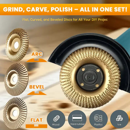 3-Piece Wood Carving Disc Set for Angle Grinder | Flat, Curved & Beveled | Carbon Steel