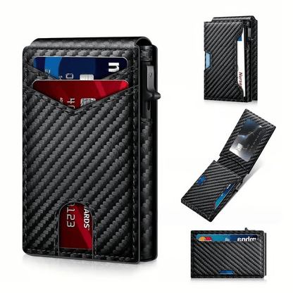 💼🔒Premium Aluminum RFID Blocking Minimalist Wallet for Men - Pop-Up Card Access, Money Clip & ID Window