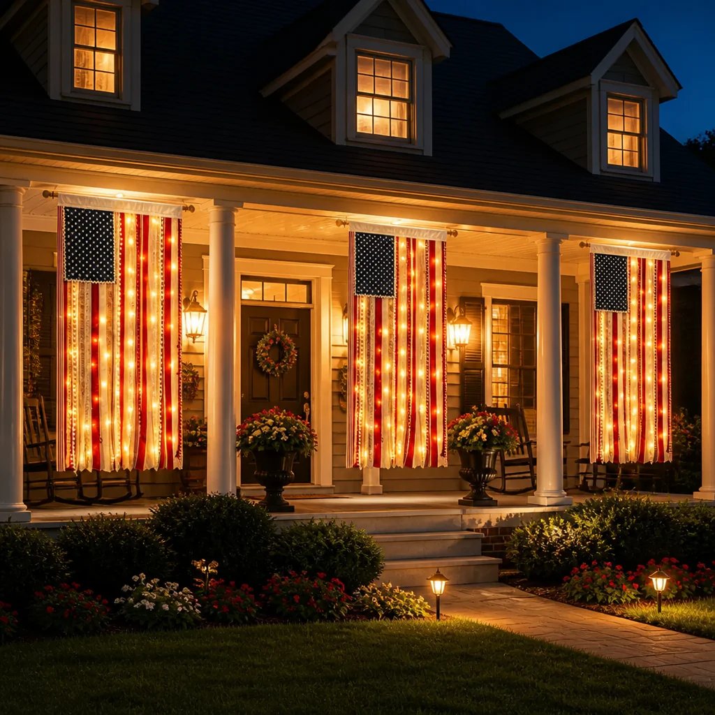 Handcrafted Lighted Rag American Flag Banner | 8 LED Modes | July 4th Patriotic Décor