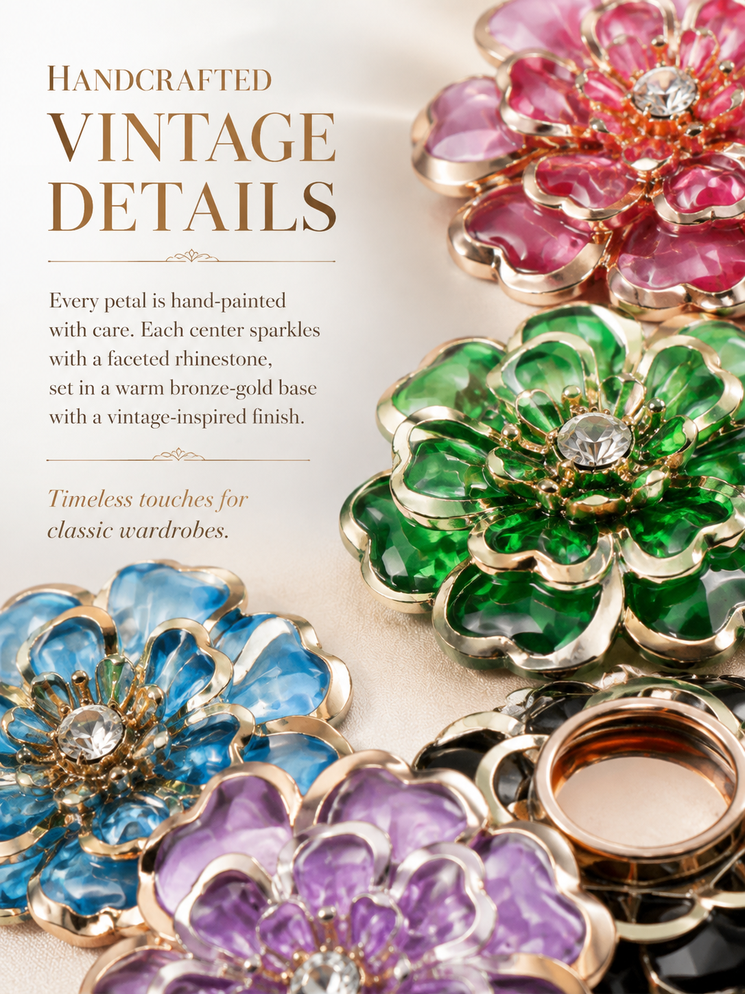 Rhinestone Camellia Button Covers – Snap-On Sparkle for Every Blouse