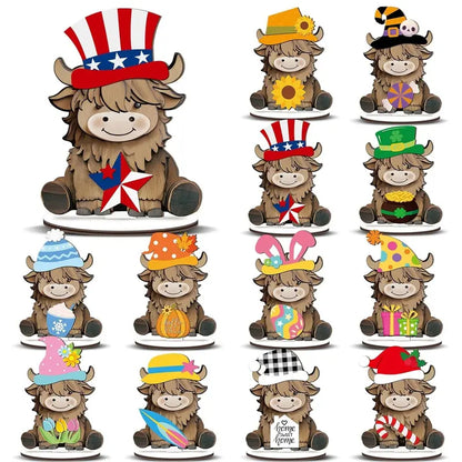 Cute Animal Wooden Sign – Interchangeable Seasonal Desk Decor with Magnetic Accessories