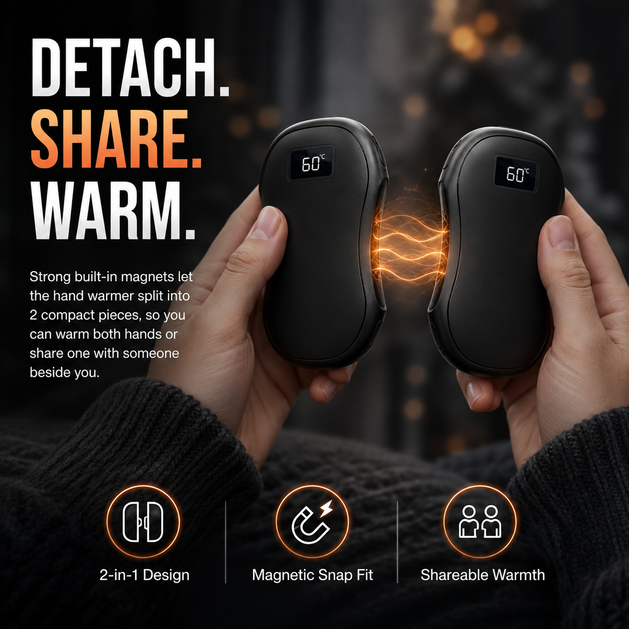2-Pack Magnetic Hand Warmers – Rechargeable, LED Display, Power Bank for Winter Outdoor Use