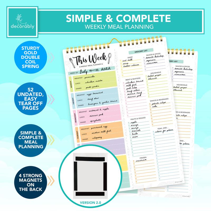 Undated Weekly Meal Planner Pad – 60 Sheets, Strong Magnets & Grocery List | 8.5x11 Fridge Notepad