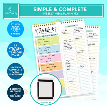 Undated Weekly Meal Planner Pad – 60 Sheets, Strong Magnets & Grocery List | 8.5x11 Fridge Notepad
