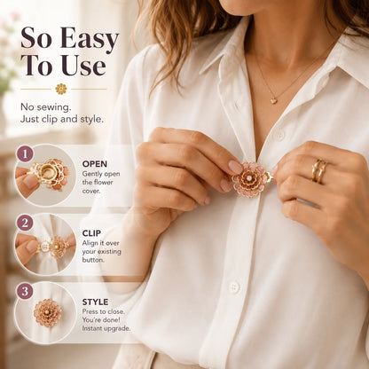 Rhinestone Camellia Button Covers – Snap-On Sparkle for Every Blouse