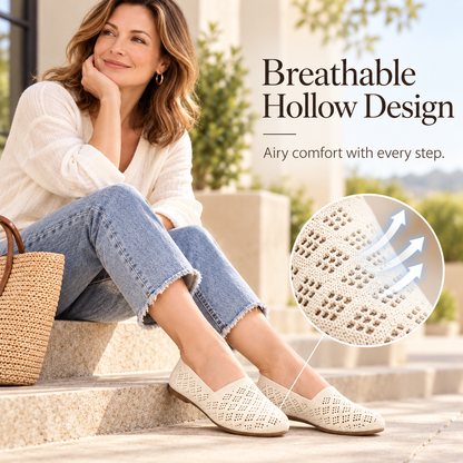 Women's Hollow-Out Knit Sneakers – Round Toe Wide Flat, Breathable Textile Upper, Rubber Sole, All-Season Casual Shoes