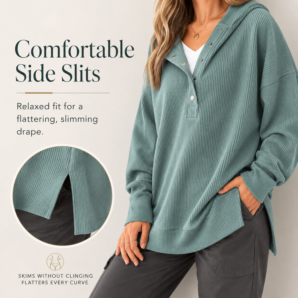 Women’s Relaxed V-Neck Button Hoodie – Soft Stretchy Fall Pullover