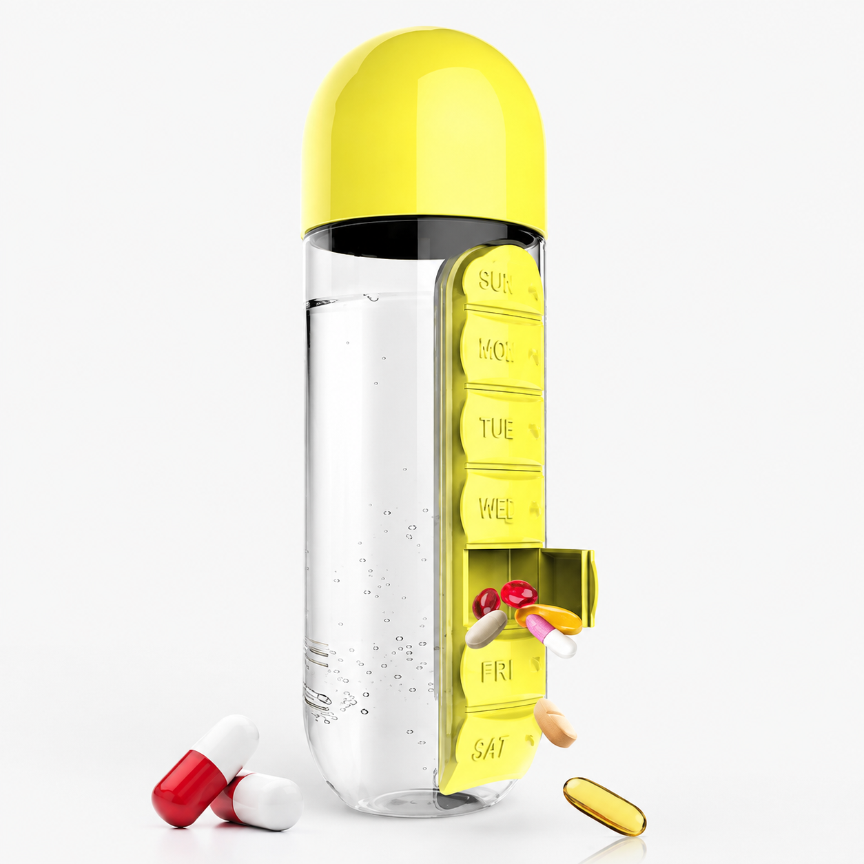 2-in-1 Water Bottle with 7-Day Pill Organizer – 20oz Portable Daily Supplement Bottle