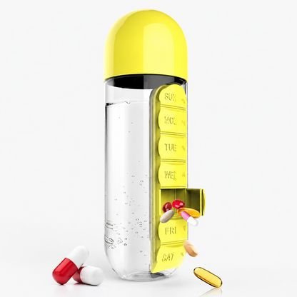 2-in-1 Water Bottle with 7-Day Pill Organizer – 20oz Portable Daily Supplement Bottle