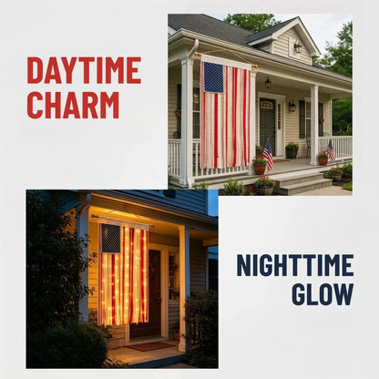 Handcrafted Lighted Rag American Flag Banner | 8 LED Modes | July 4th Patriotic Décor