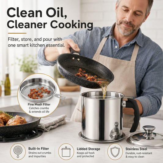 Kitchen Oil Dispenser with Tray & Lid,Stainless Steel Oil Pot with Filter