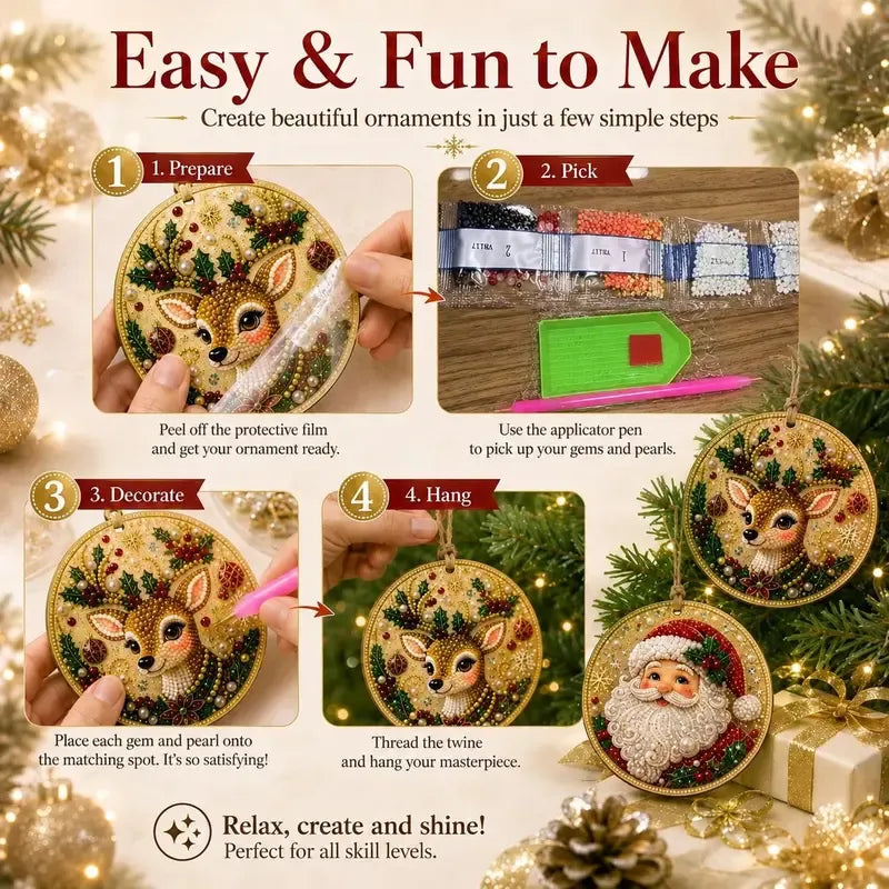 ⏳50% OFF – 🎄Beginner-Friendly Christmas Pearl & Gem Diamond Painting DIY Kit | 6 Festive Ornament Designs with Sparkling Pearls, Faceted Gems & 3D Layered Detail 💕