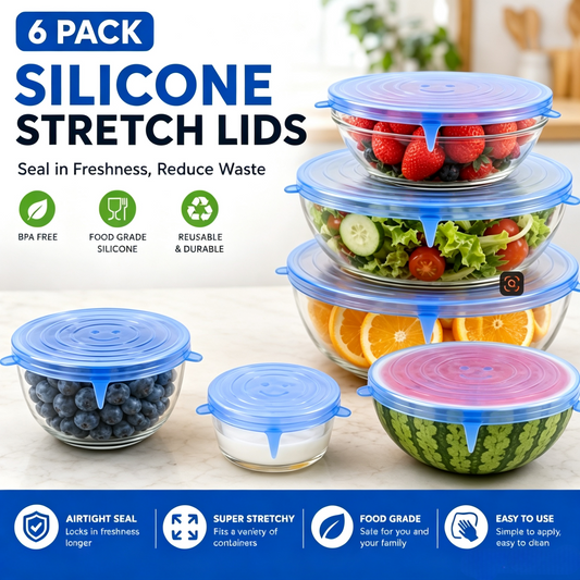 🥗 6-Pack Silicone Stretch Lids – Reusable, BPA-Free & Leak-Proof Covers for Bowls, Pots, Cups & Fruits