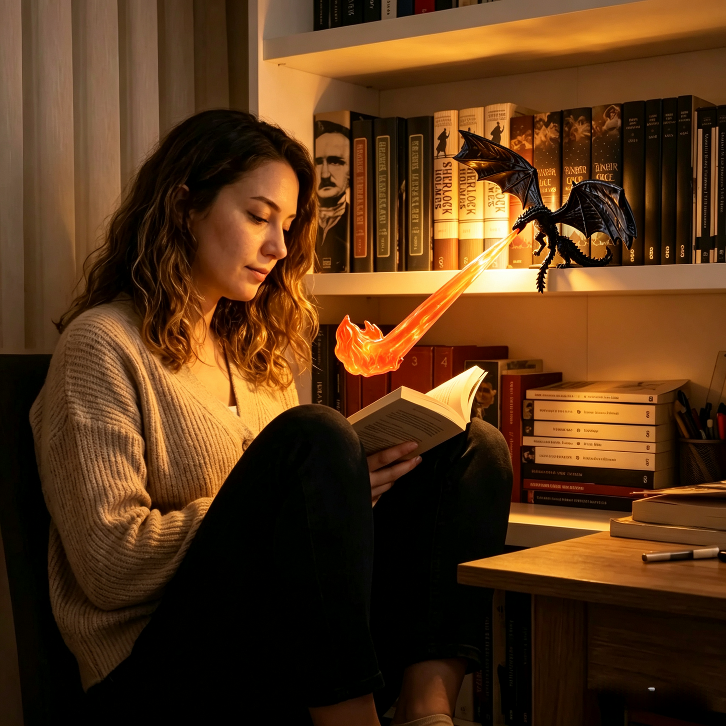 Fantasy Book Nook with Dragon Flame LED – Miniature Shelf Decor for Book Lovers 🐉✨