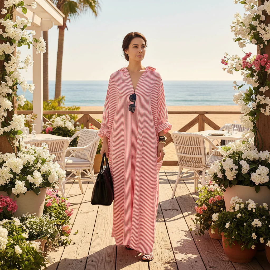 Women's Lightweight Maxi Dress with Pockets – Relaxed Fit Striped Caftan for Everyday Comfort