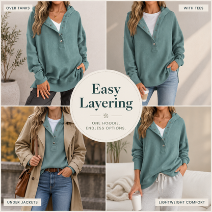 Women’s Relaxed V-Neck Button Hoodie – Soft Stretchy Fall Pullover