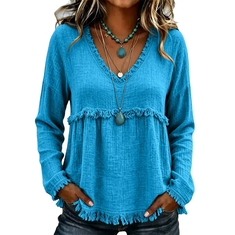 🌾Boho Fringe V-Neck Top – Flowy, Loose & Tassel Hem
