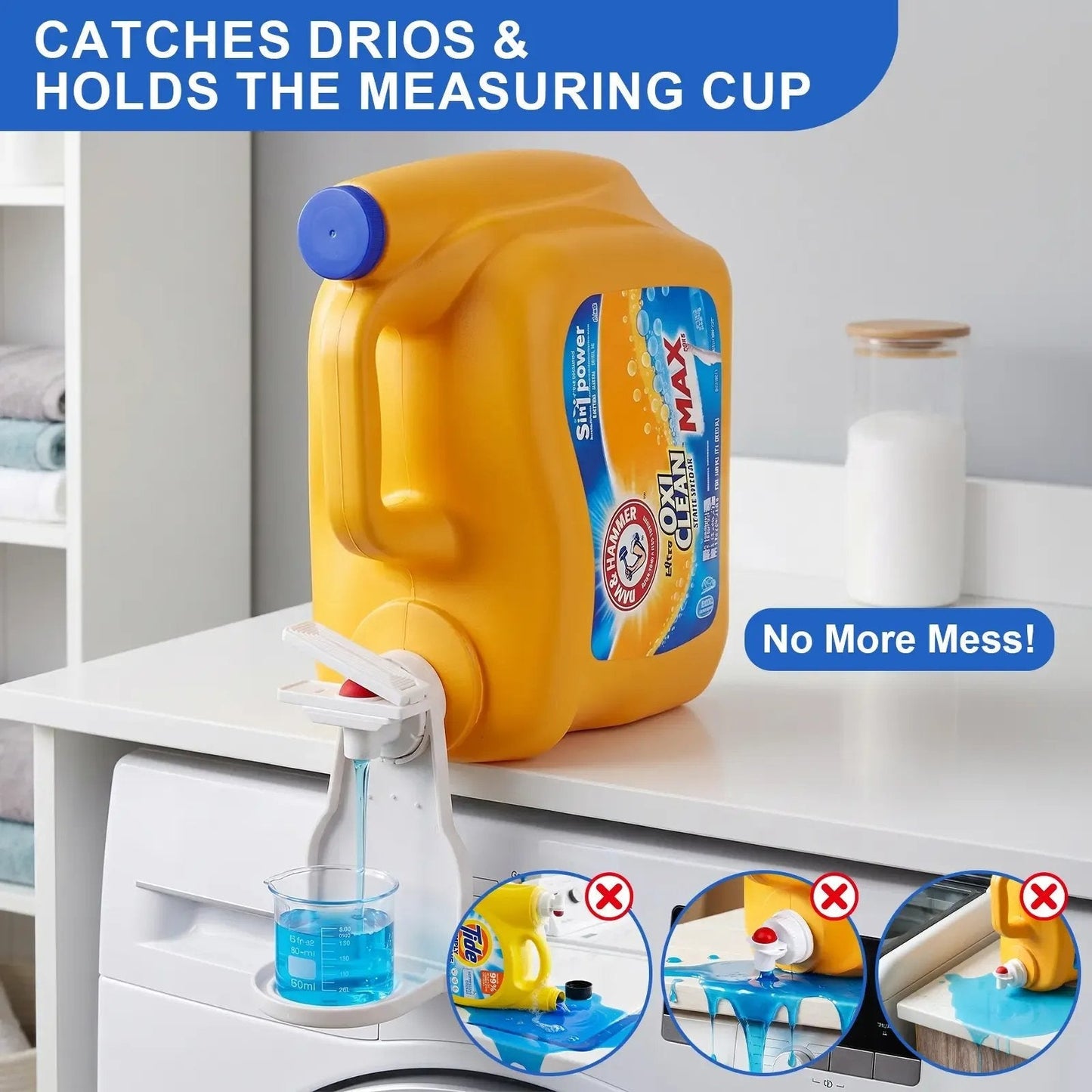 Laundry Detergent Dispenser Cup Holder | No-Drip, Easy Press, Built-In Tray