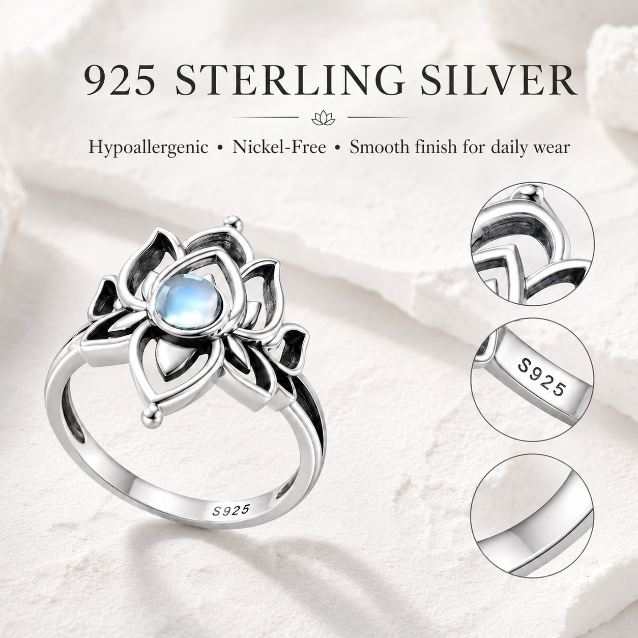 925 Steling Silver Moonstone Lotus Ring