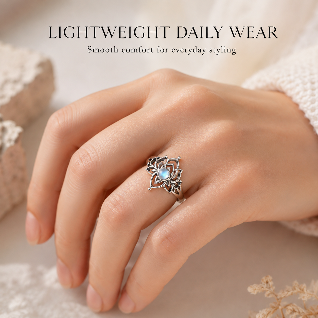 925 Steling Silver Moonstone Lotus Ring