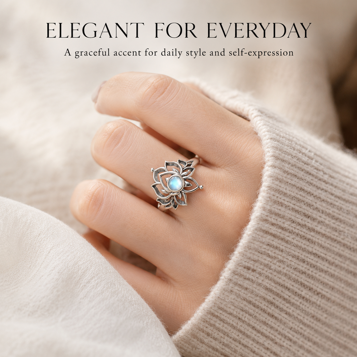 925 Steling Silver Moonstone Lotus Ring