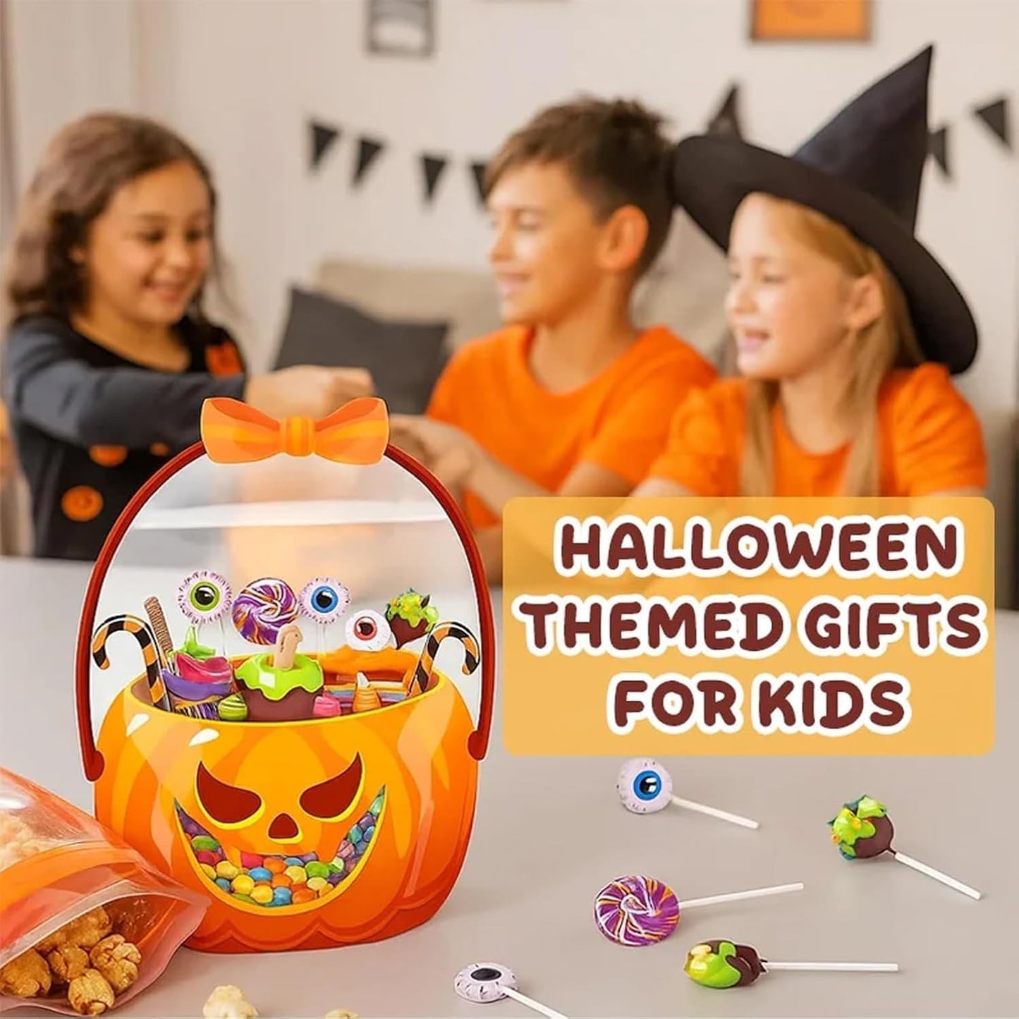 🎃25/50 PCS Halloween Goodie Bags with Handles, Pumpkin Specter Candy Gift Bags, Transparent Trick or Treat Party Favor Bags