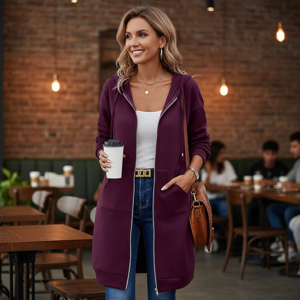 🍂 Women's Cozy Hooded Zip Jacket - Relaxed Longline Sweatshirt with Soft Stripe Knit Design for Fall Everyday Wear ☕