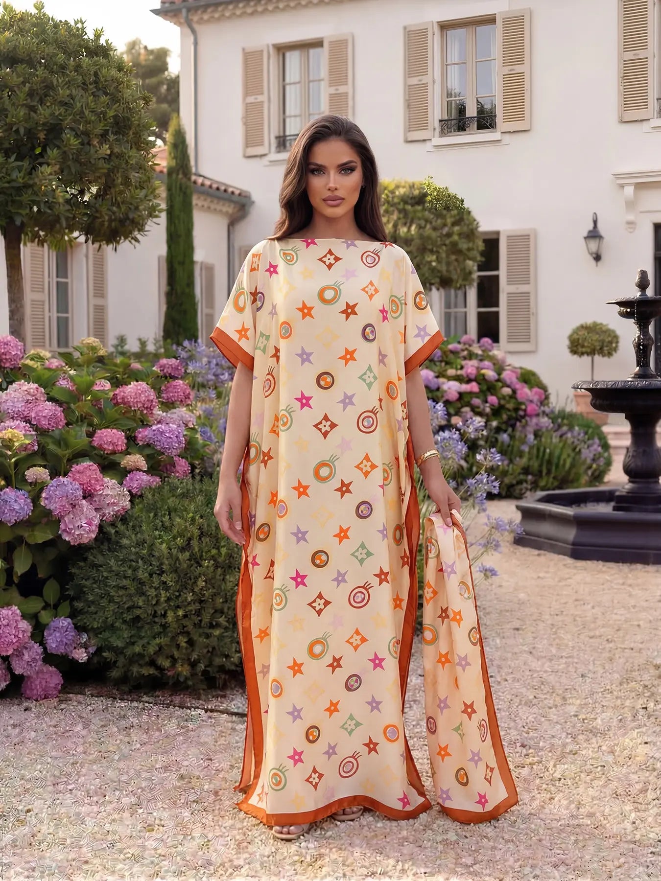 ✨ Women's Elegant Geometric Print Robe Set – Long Dress & Scarf Shawl, Satin Silk Beach Cover-Up 🌊
