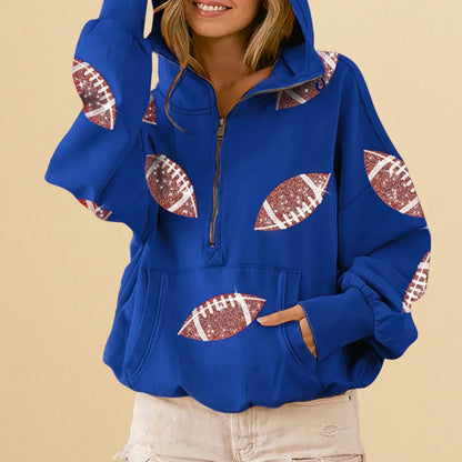🏈 Game Day Glow – Women's Oversized Half-Zip Hoodie with Sequin Football Print, Kangaroo Pocket & Casual Longsleeve Style 💥