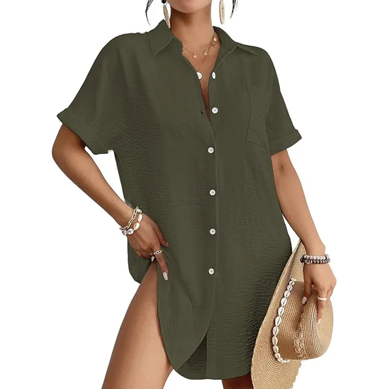 🌊☀️Women’s Button-Down Swimsuit Cover-Up – Beach Vacation Shirt Dress, Lightweight & Breezy