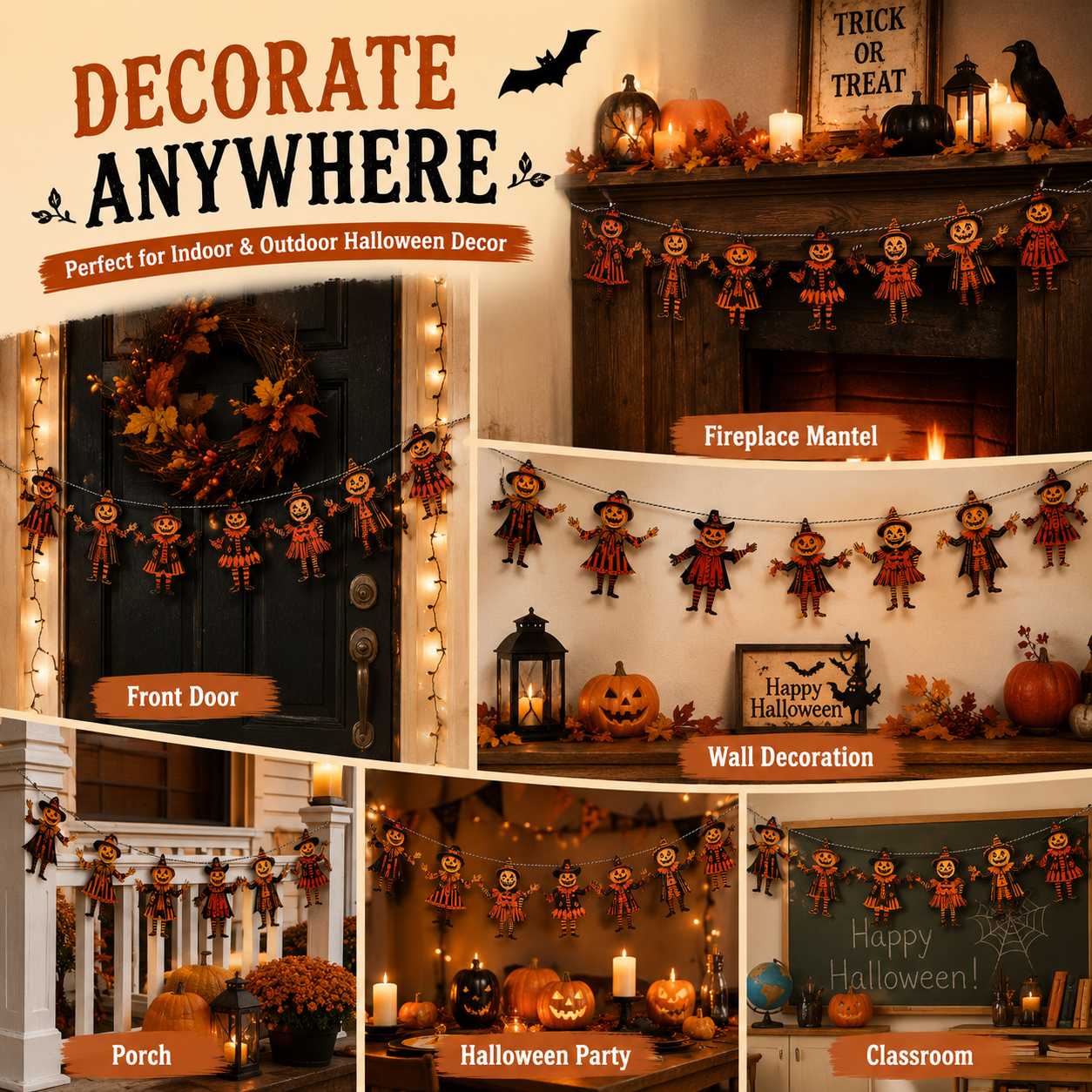 🎃 6 Piece Vintage Wooden Pumpkin Character Halloween Garland Banner Cutouts 🎃
