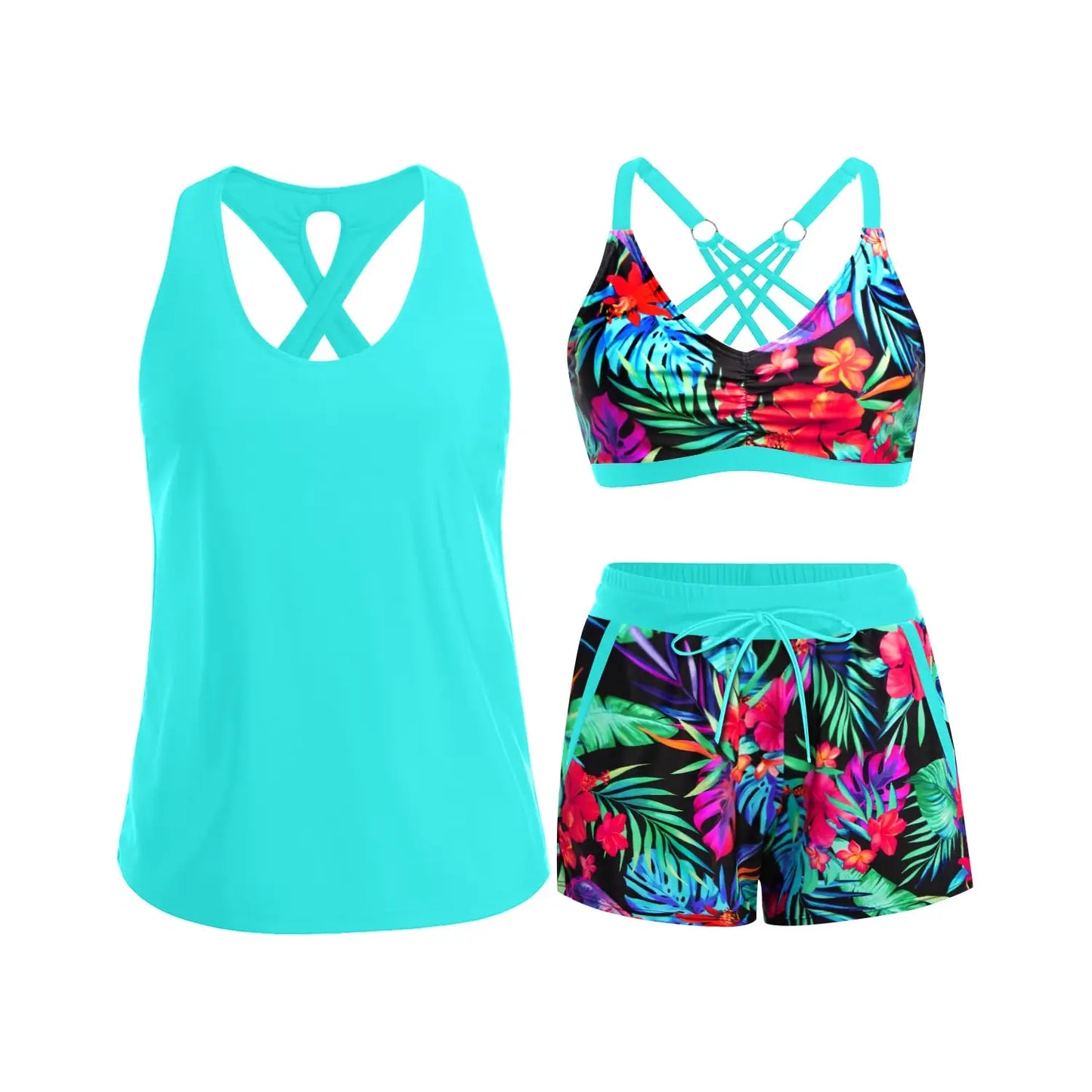 Three Piece Tankini with Shorts with Pockets