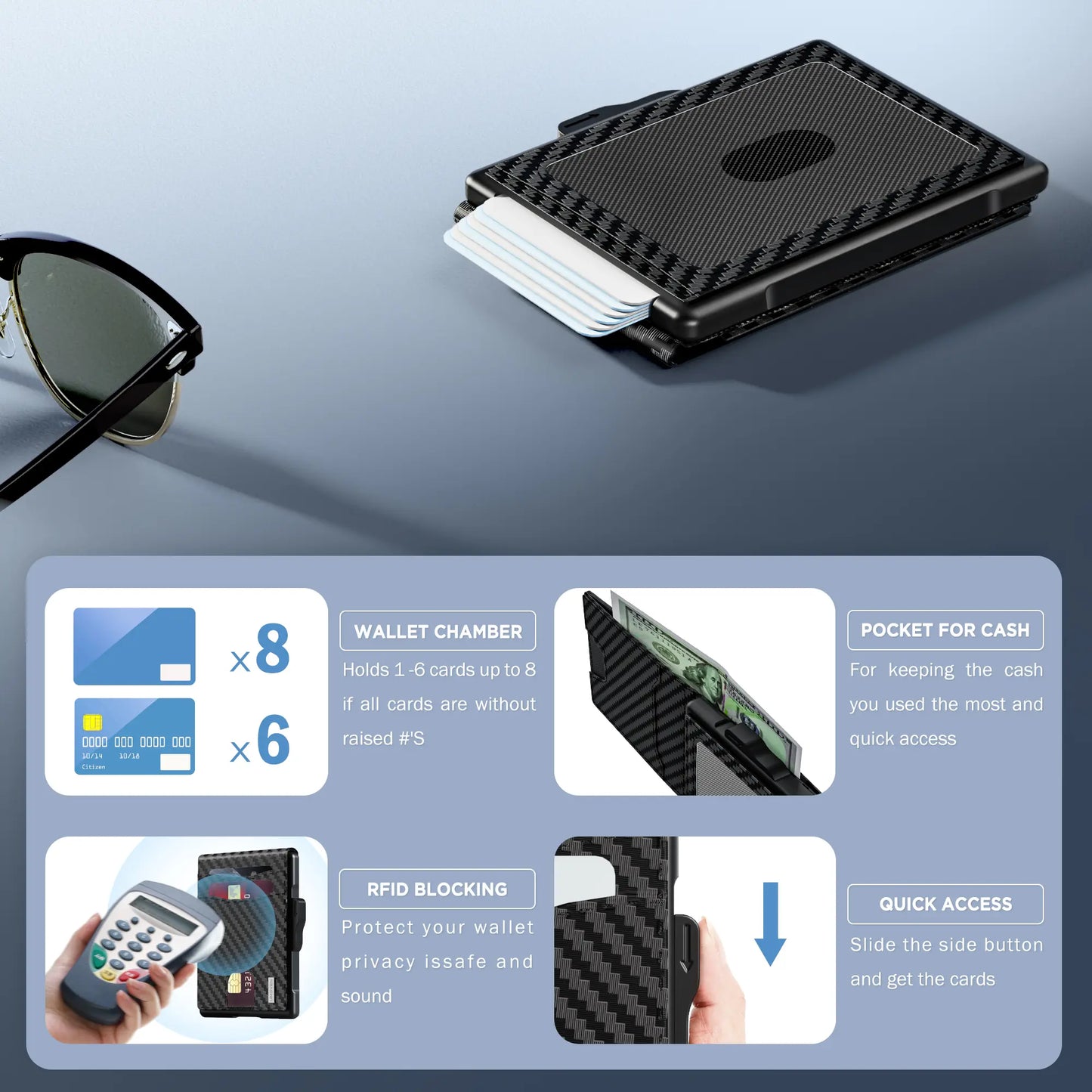 Wallet for Men - Pop Up Case, Cash Slot, and Credit Card Slot - Aluminum Wallet with RFID Blocking, Minimalist Leather Wallet Front Pocket with ID Window