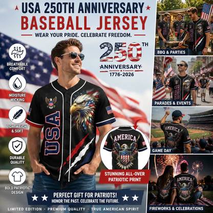 USA 250th Anniversary All-Over Print Patriotic Baseball Jersey