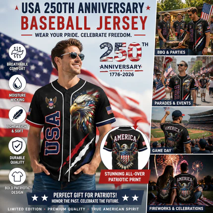 USA 250th Anniversary All-Over Print Patriotic Baseball Jersey