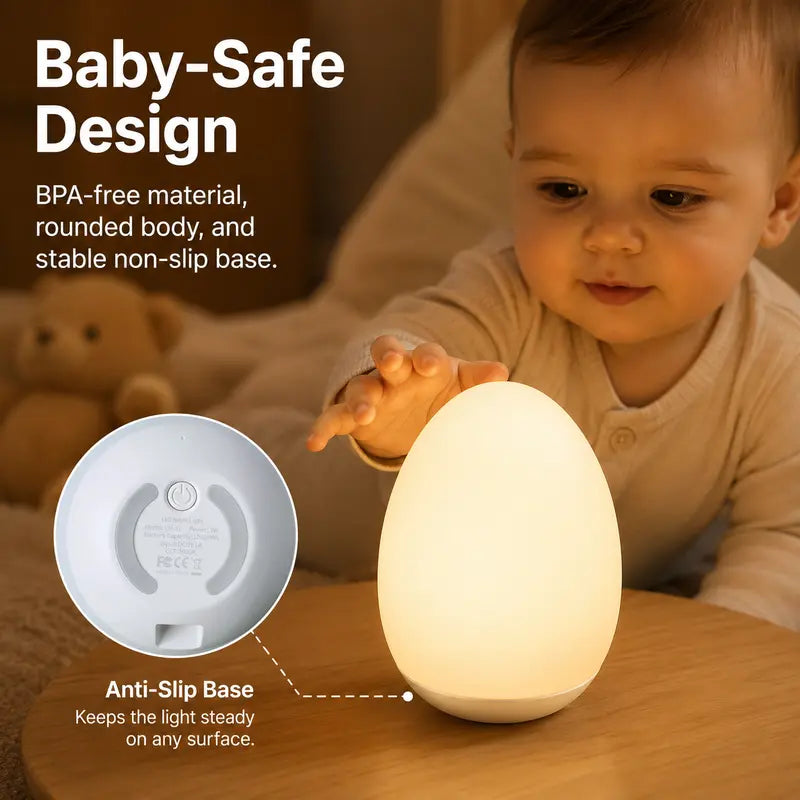 🥚 Rechargeable Tap Night Light – 7 RGB Colors + Stepless Dimming, Baby Room Essential