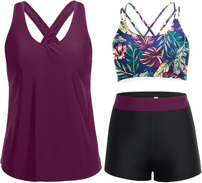 Three Piece Tankini with Shorts with Pockets